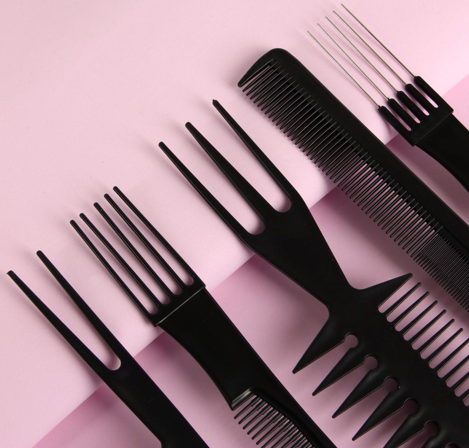Набор расчёсок, 10 предметов, в чехле, цвет чёрный