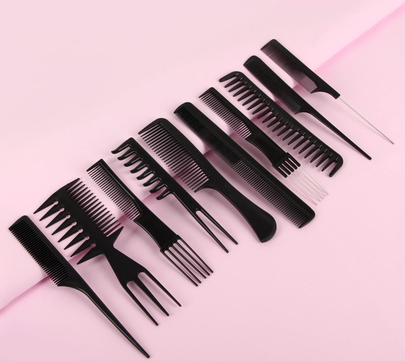 Набор расчёсок, 10 предметов, в чехле, цвет чёрный