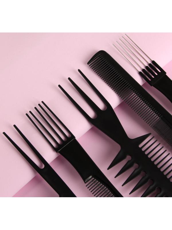 Набор расчёсок, 10 предметов, в чехле, цвет чёрный