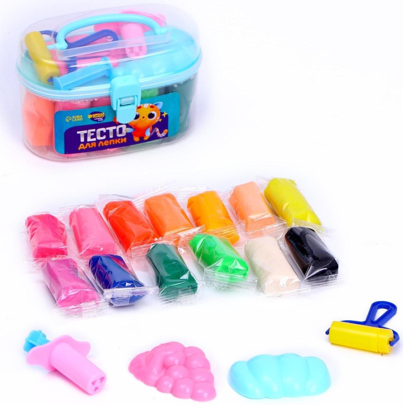 Тесто для лепки, 13 цветов, 200 г, 2 формочки, каток, шприц, цвета МИКС