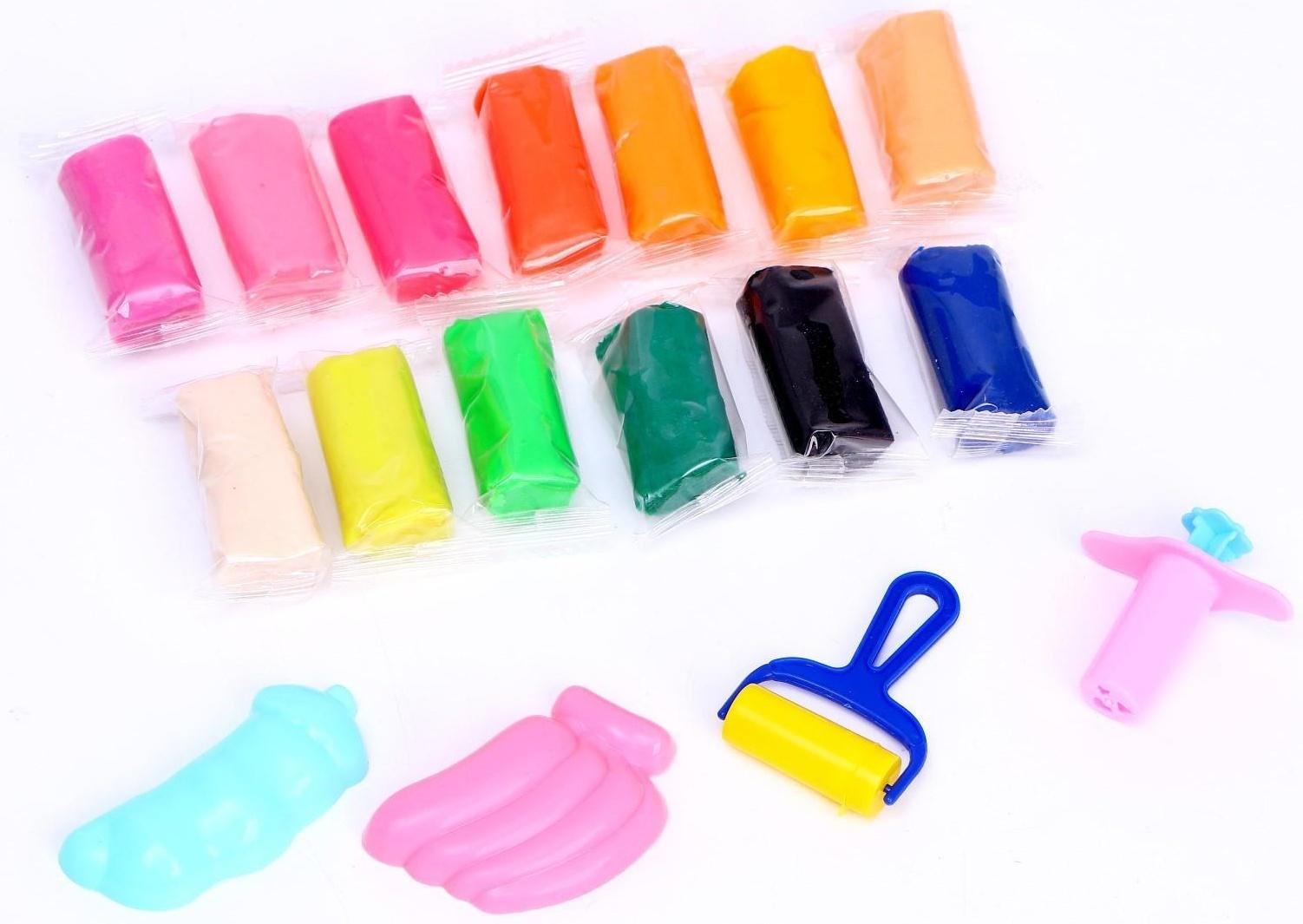 Тесто для лепки, 13 цветов, 200 г, 2 формочки, каток, шприц, цвета МИКС