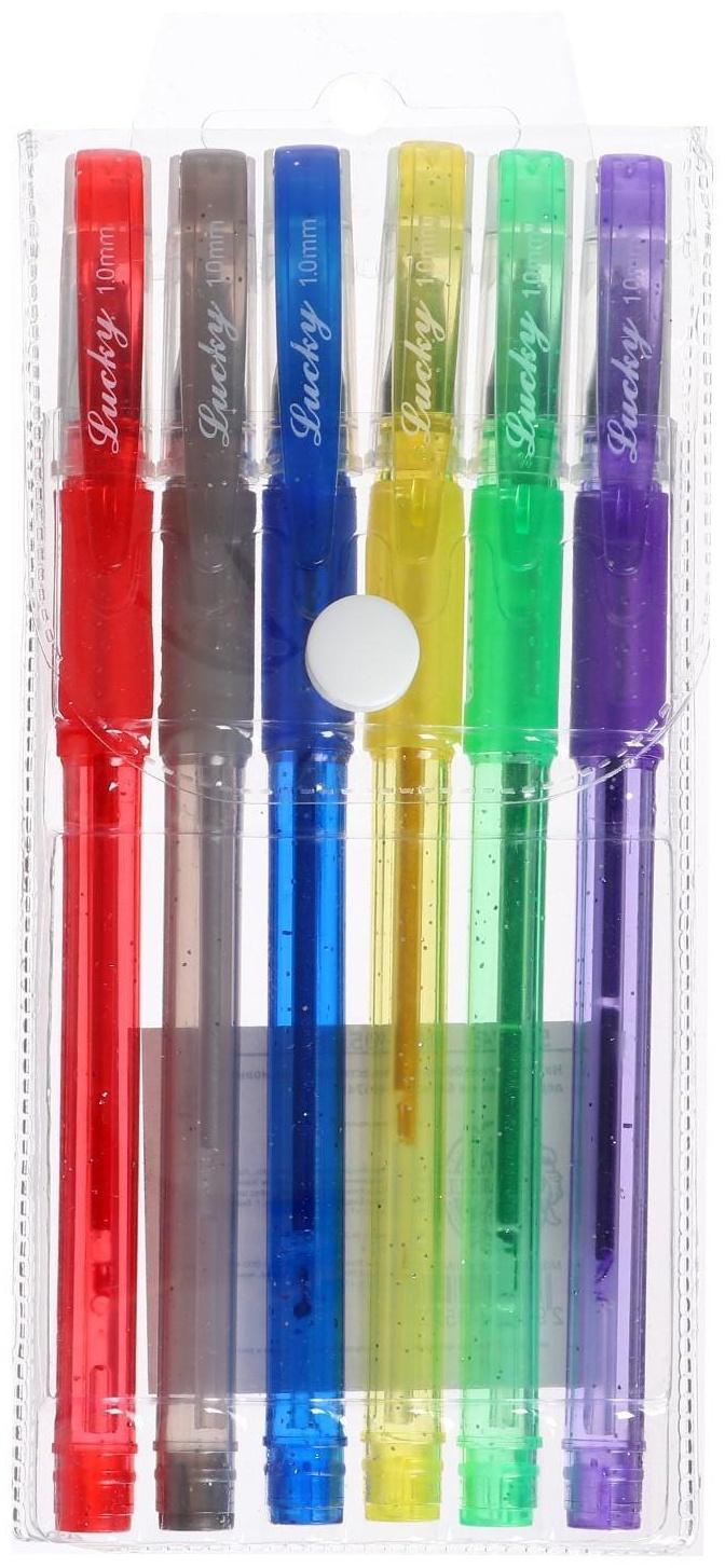 Набор гелевых ручек, 6 цветов, с блёстками, с резиновым держателем, в блистере