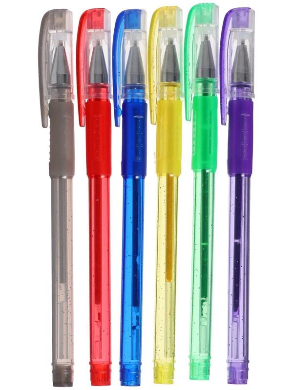 Набор гелевых ручек, 6 цветов, с блёстками, с резиновым держателем, в блистере