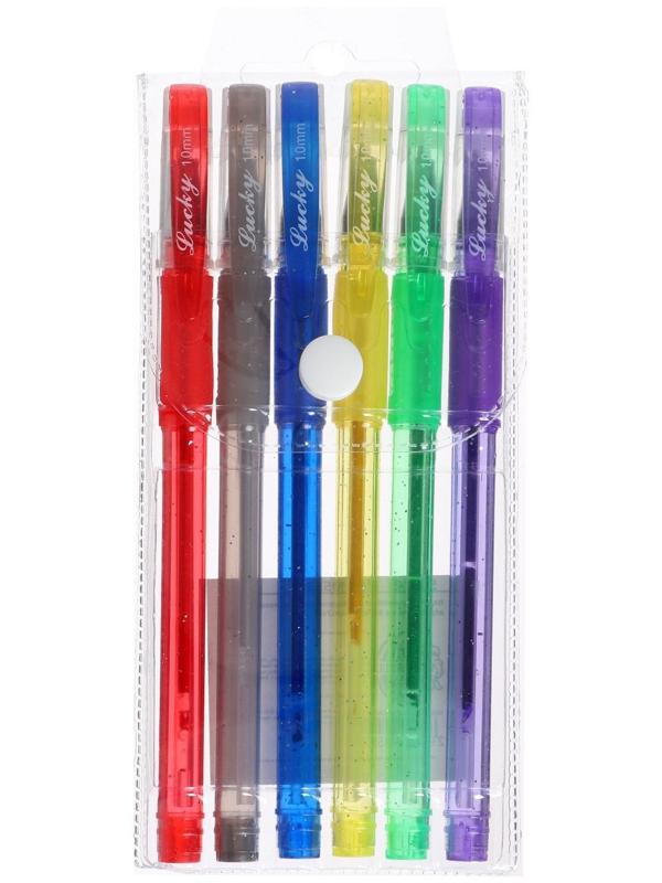 Набор гелевых ручек, 6 цветов, с блёстками, с резиновым держателем, в блистере