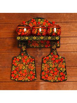 Набор «Земляничка», 6 предметов: 2 доски, 3 банки, подставка, хохлома