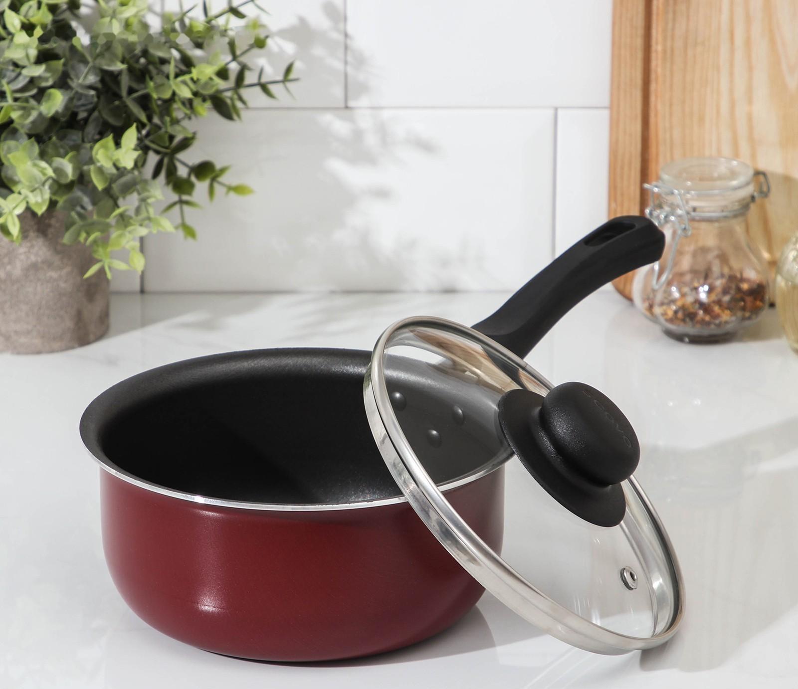 Ковш «Эксперт», 1,3 л, d=16 см, стеклянная крышка, пластиковая ручка, антипригарное покрытие, цвет бордовый