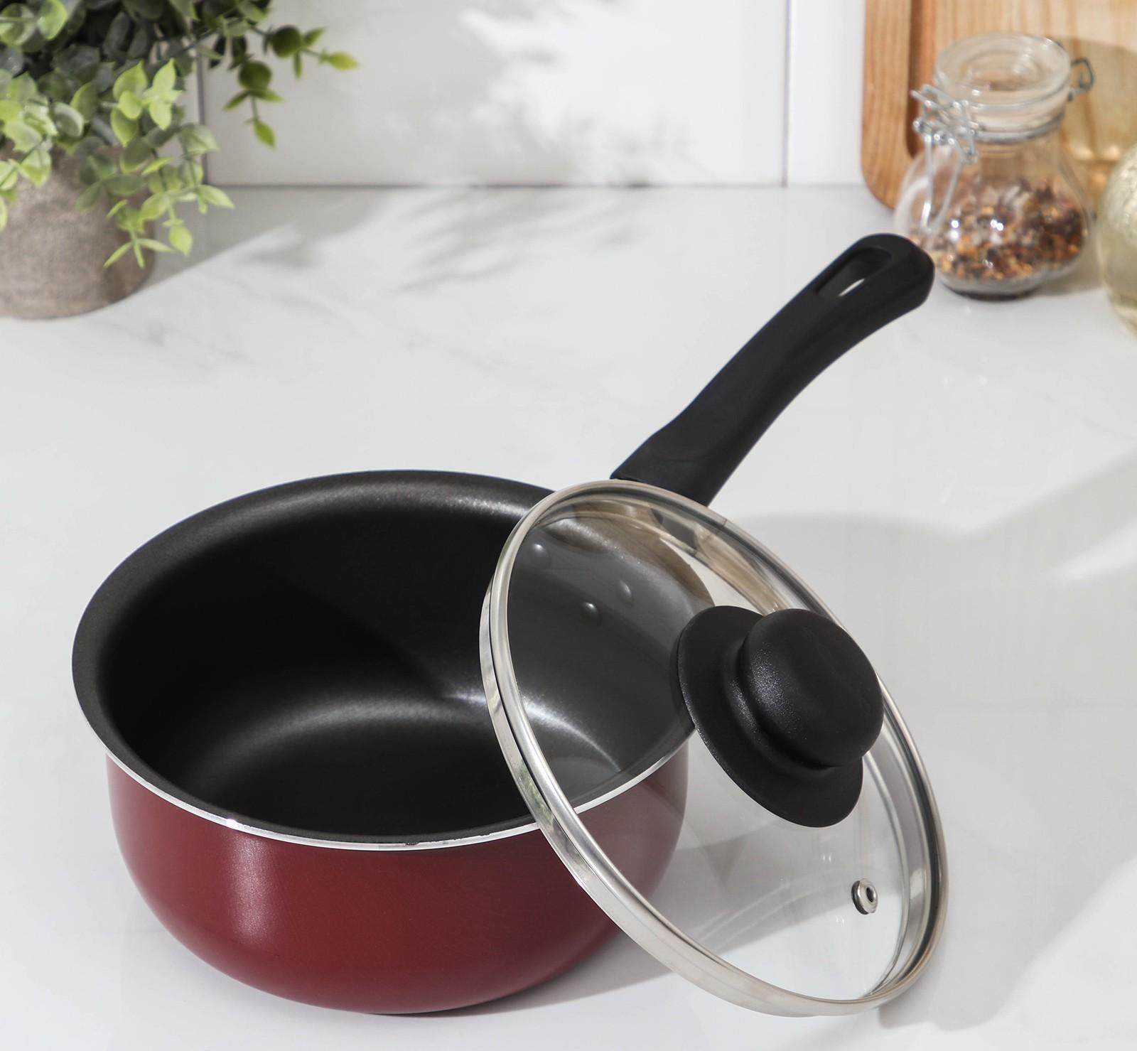 Ковш «Эксперт», 1,3 л, d=16 см, стеклянная крышка, пластиковая ручка, антипригарное покрытие, цвет бордовый