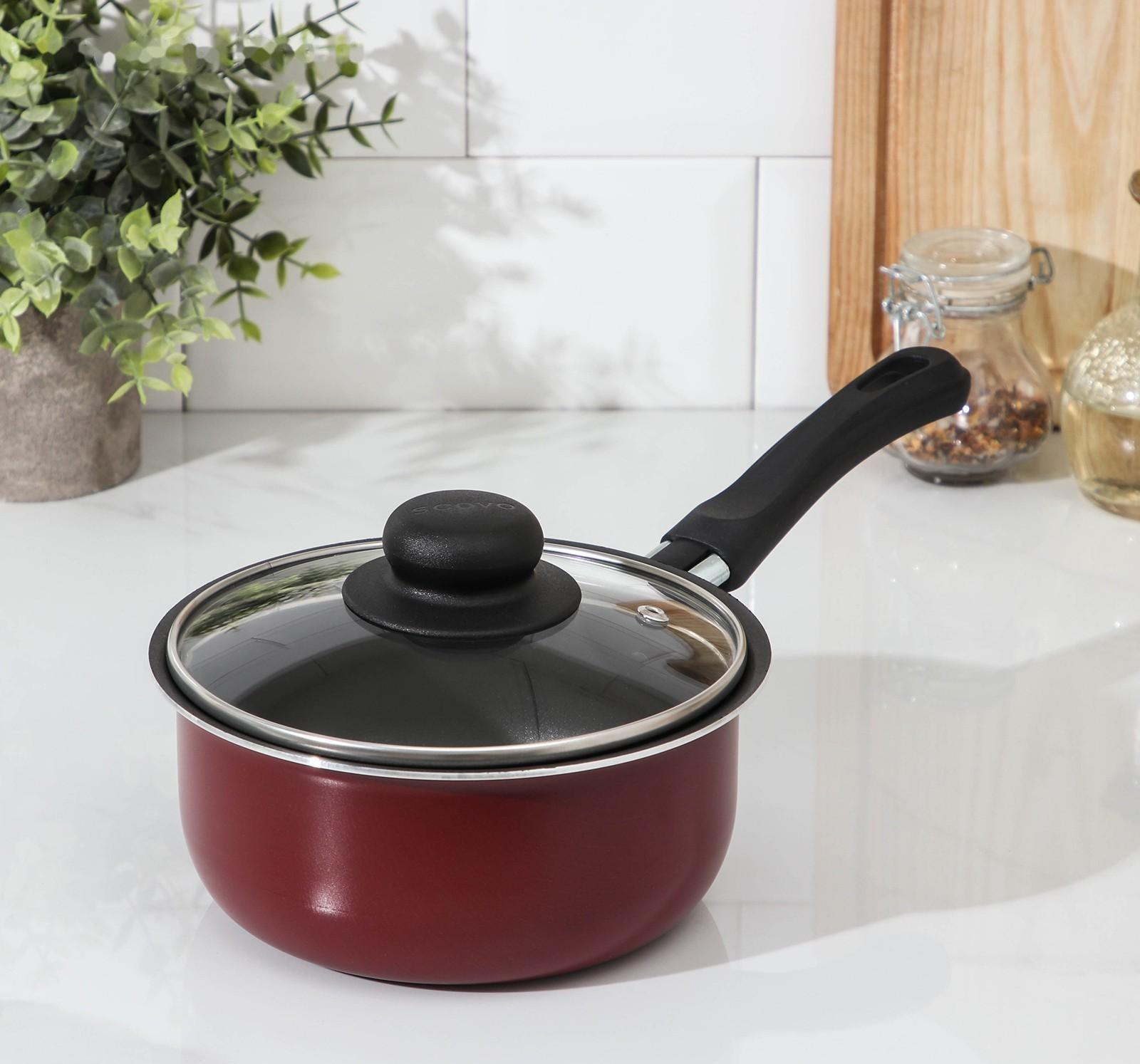 Ковш «Эксперт», 1,3 л, d=16 см, стеклянная крышка, пластиковая ручка, антипригарное покрытие, цвет бордовый