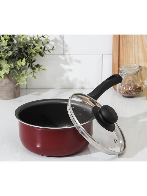 Ковш «Эксперт», 1,3 л, d=16 см, стеклянная крышка, пластиковая ручка, антипригарное покрытие, цвет бордовый