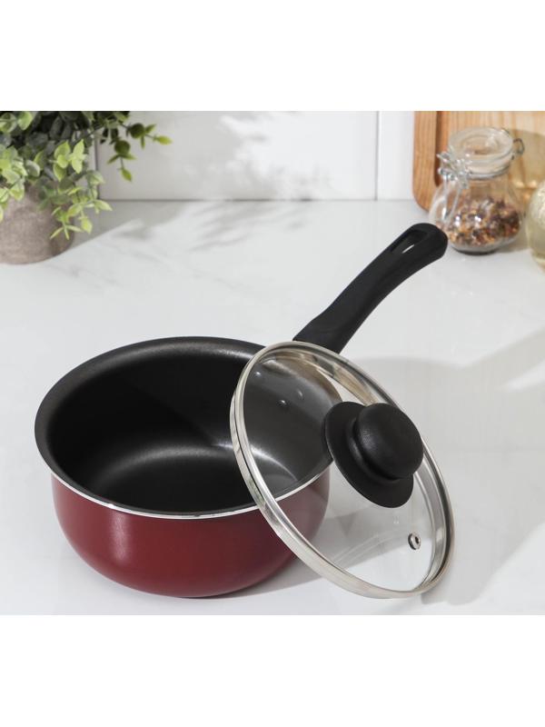 Ковш «Эксперт», 1,3 л, d=16 см, стеклянная крышка, пластиковая ручка, антипригарное покрытие, цвет бордовый