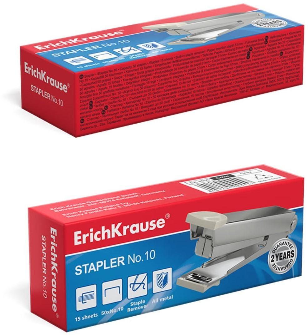 Степлер ErichKrause № 10, до 15 листов, встроенный антистеплер, серый