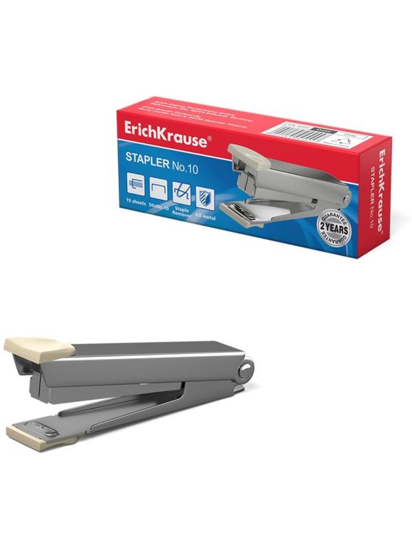 Степлер ErichKrause № 10, до 15 листов, встроенный антистеплер, серый