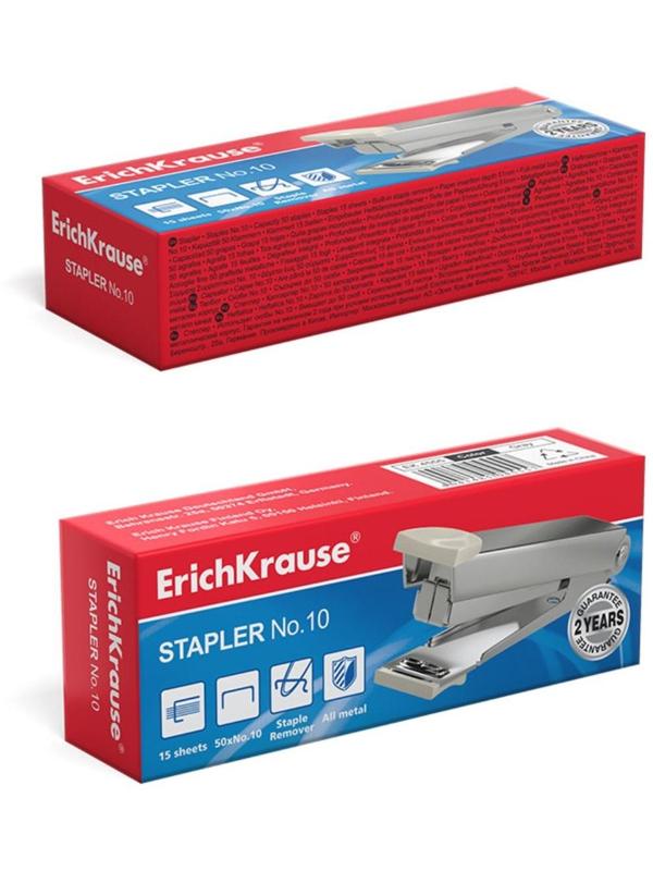 Степлер ErichKrause № 10, до 15 листов, встроенный антистеплер, серый