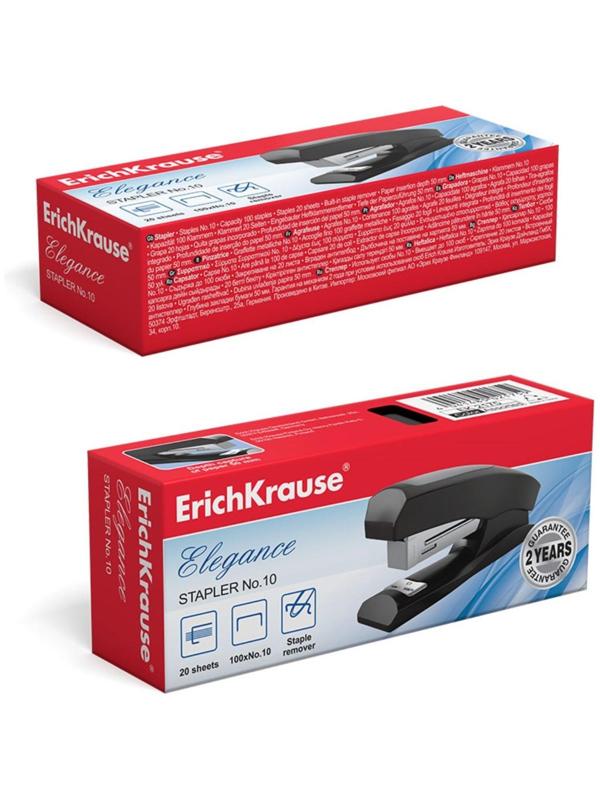 Степлер ErichKrause Elegance № 10, до 20 листов, встроенный антистеплер, МИКС