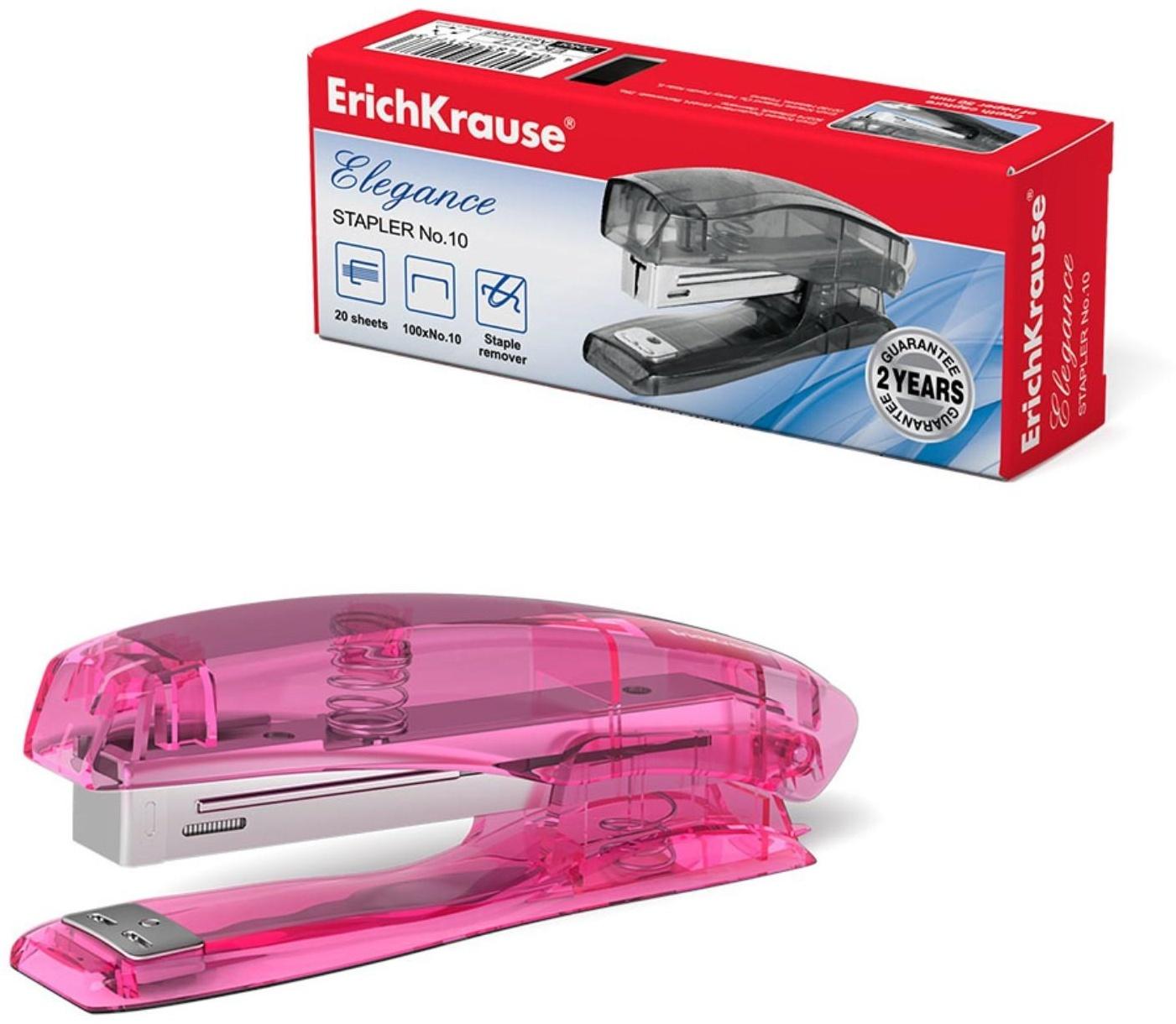 Степлер ErichKrause Elegance № 10, до 20 листов, встроенный антистеплер, МИКС