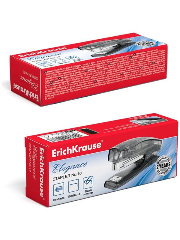 Степлер ErichKrause Elegance № 10, до 20 листов, встроенный антистеплер, МИКС