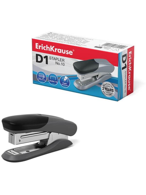 Степлер ErichKrause D1 № 10, до 20 листов, встроенный антистеплер, серый
