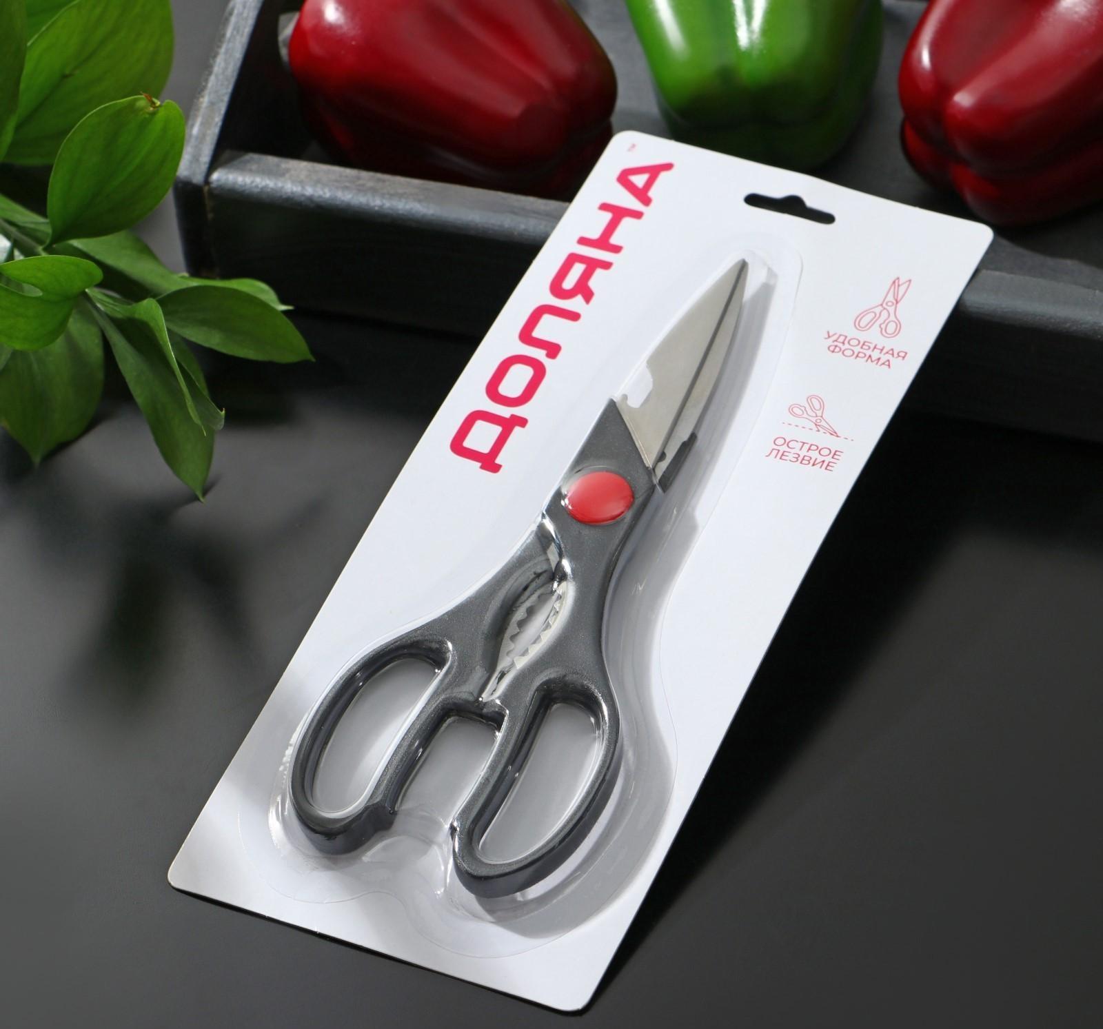 Ножницы кухонные Доляна «Помощник», 21 см, с открывалкой для бутылки, цвет чёрный