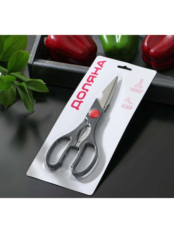 Ножницы кухонные Доляна «Помощник», 21 см, с открывалкой для бутылки, цвет чёрный