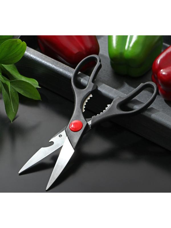 Ножницы кухонные Доляна «Помощник», 21 см, с открывалкой для бутылки, цвет чёрный