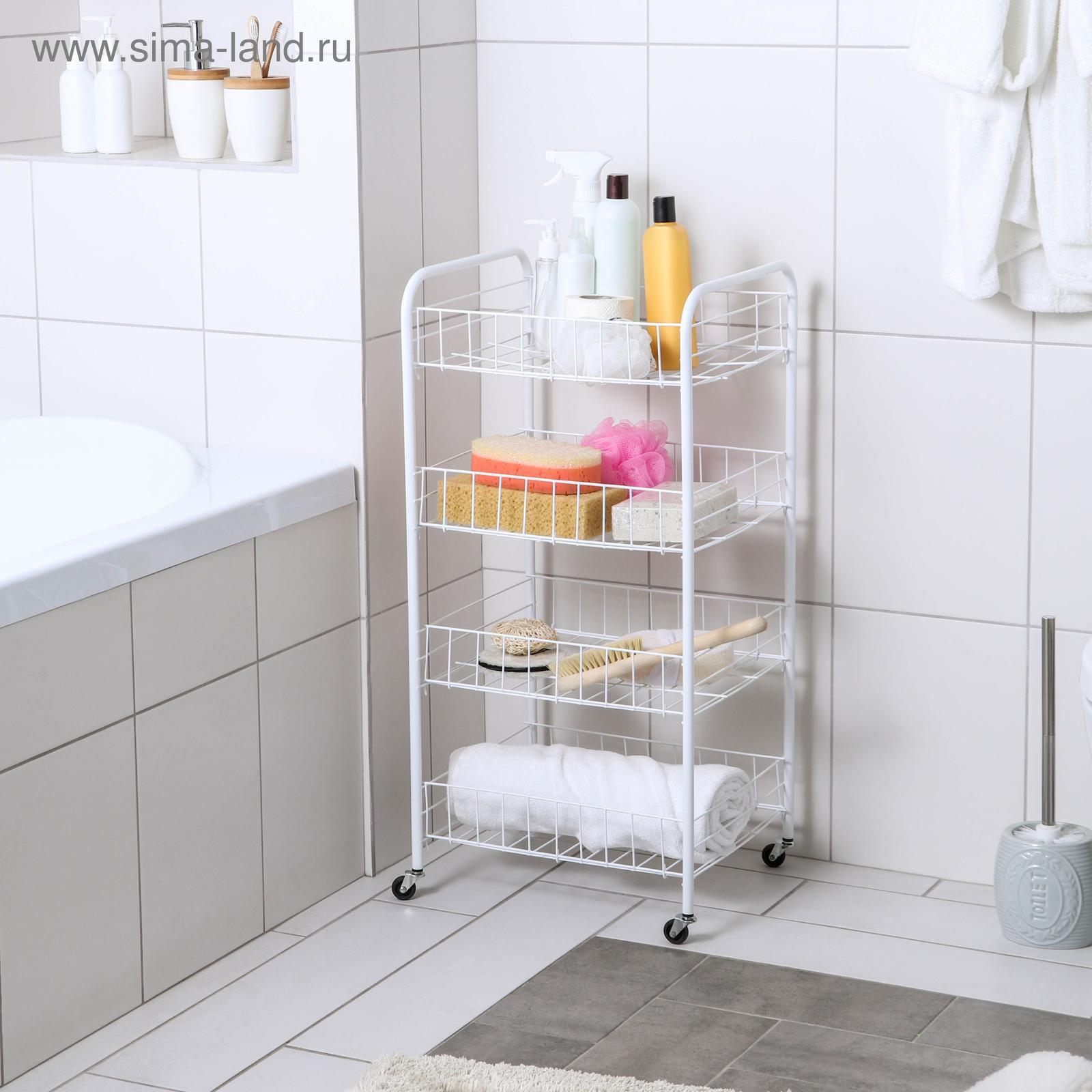 Этажерка напольная 4-х секционная, на колёсах, 31×34×77 см, цвет белый