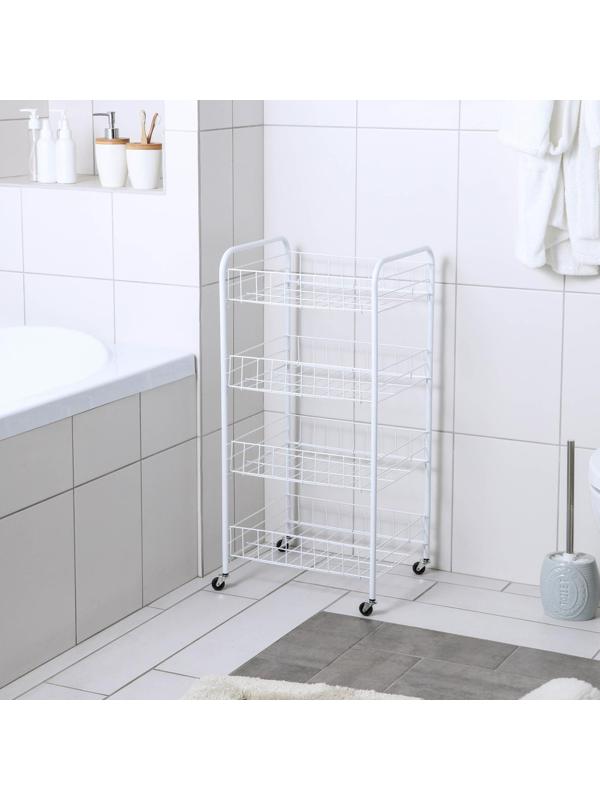 Этажерка напольная 4-х секционная, на колёсах, 31×34×77 см, цвет белый