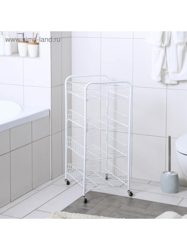 Этажерка напольная 4-х секционная, на колёсах, 31×34×77 см, цвет белый