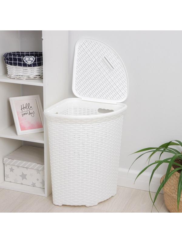 Корзина для белья угловая с крышкой «Ротанг», 60 л, 40×40×58 см, цвет белый
