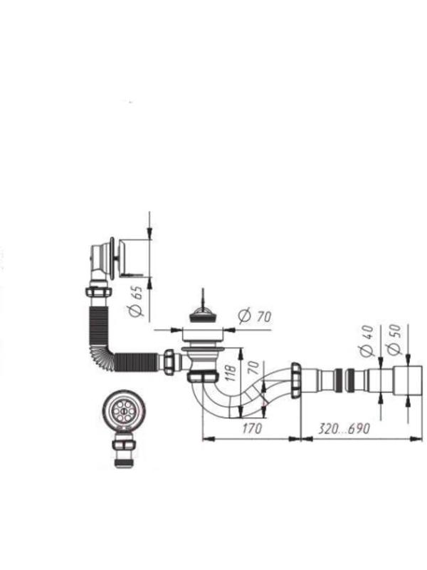 Сифон для ванны Aquant, с выпуском и переливом, с гибкой трубой 40х40/50 мм