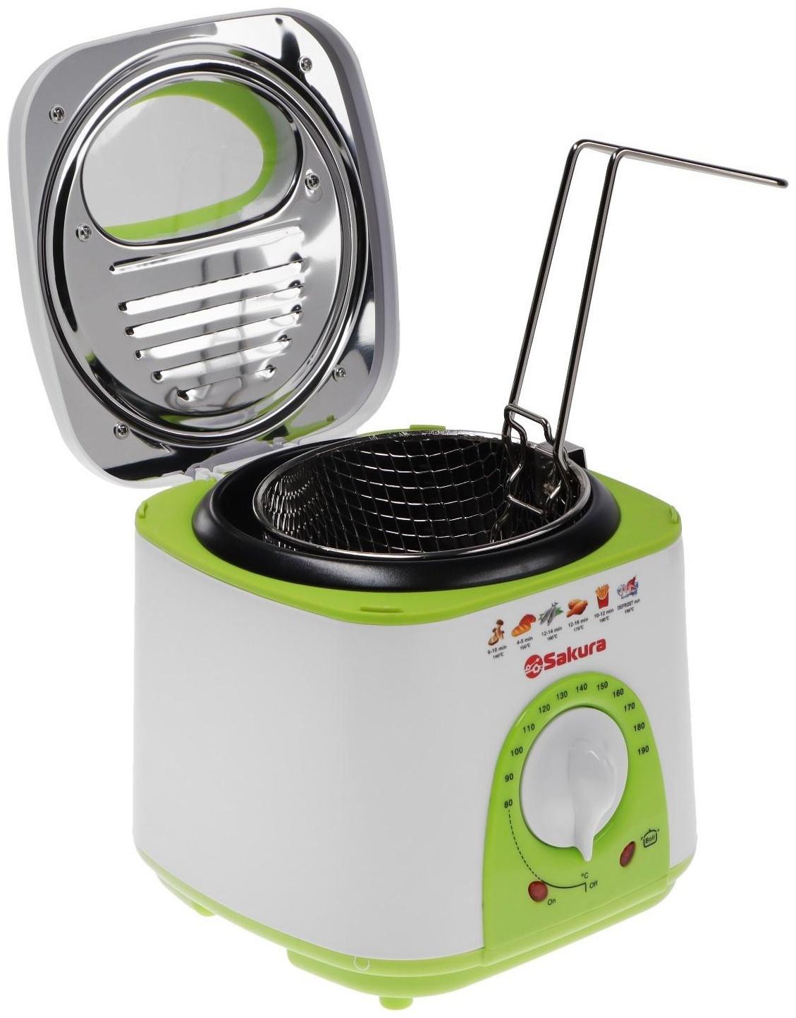 Фритюрница Sakura SA-7654GR, 950 Вт, 750 мл, антипригарное покрытие, фильтр, бело-салатовая