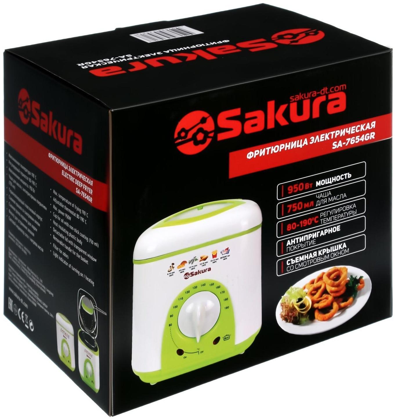 Фритюрница Sakura SA-7654GR, 950 Вт, 750 мл, антипригарное покрытие, фильтр, бело-салатовая