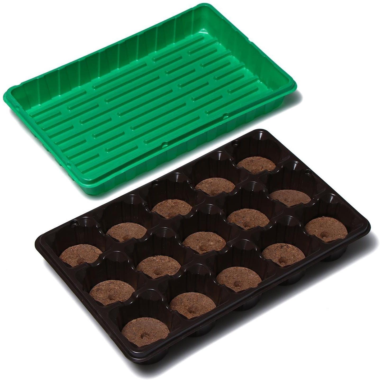 Набор для рассады: торфяная таблетка d = 5.5 см (15 шт.), кассета на 15 ячеек по 150 мл, поддон, зелёный