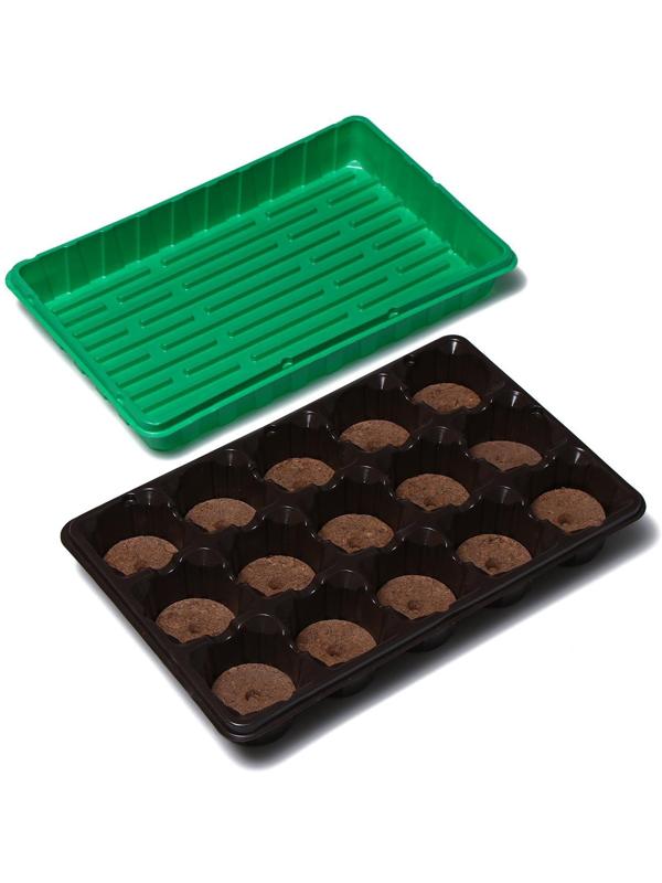 Набор для рассады: торфяная таблетка d = 5.5 см (15 шт.), кассета на 15 ячеек по 150 мл, поддон, зелёный