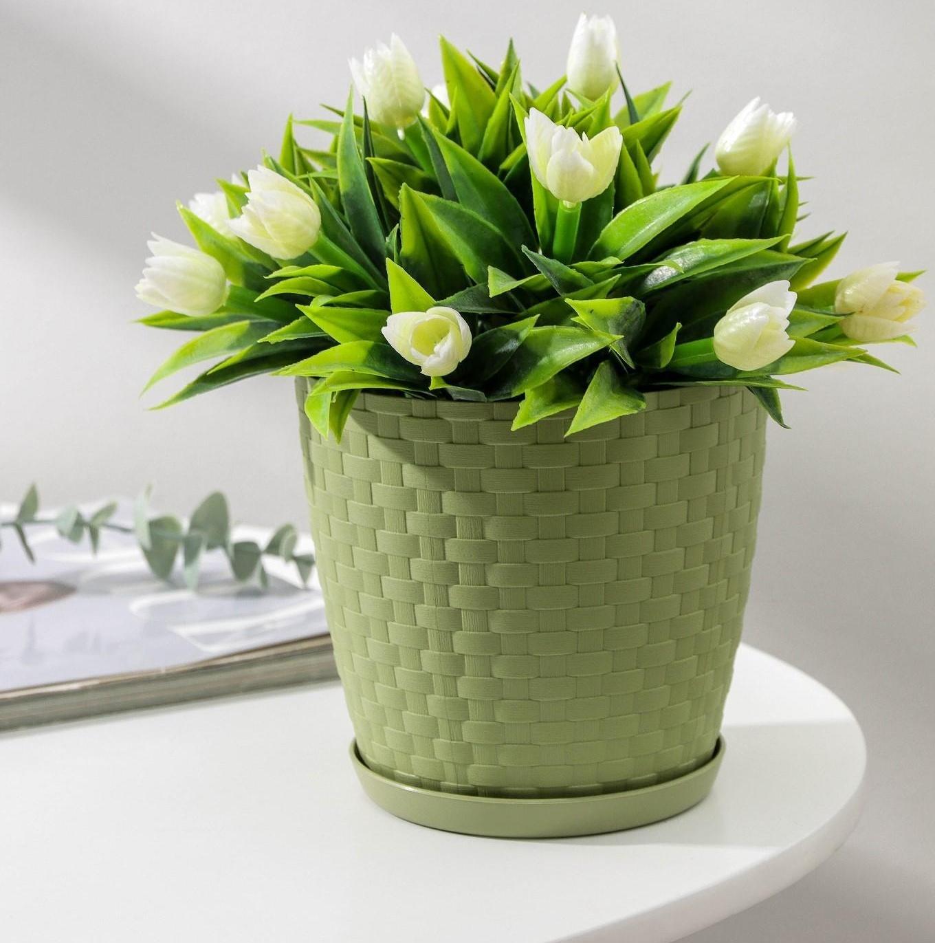 Горшок для цветов с поддоном «Ротанг», 1,2 л, цвет оливковый