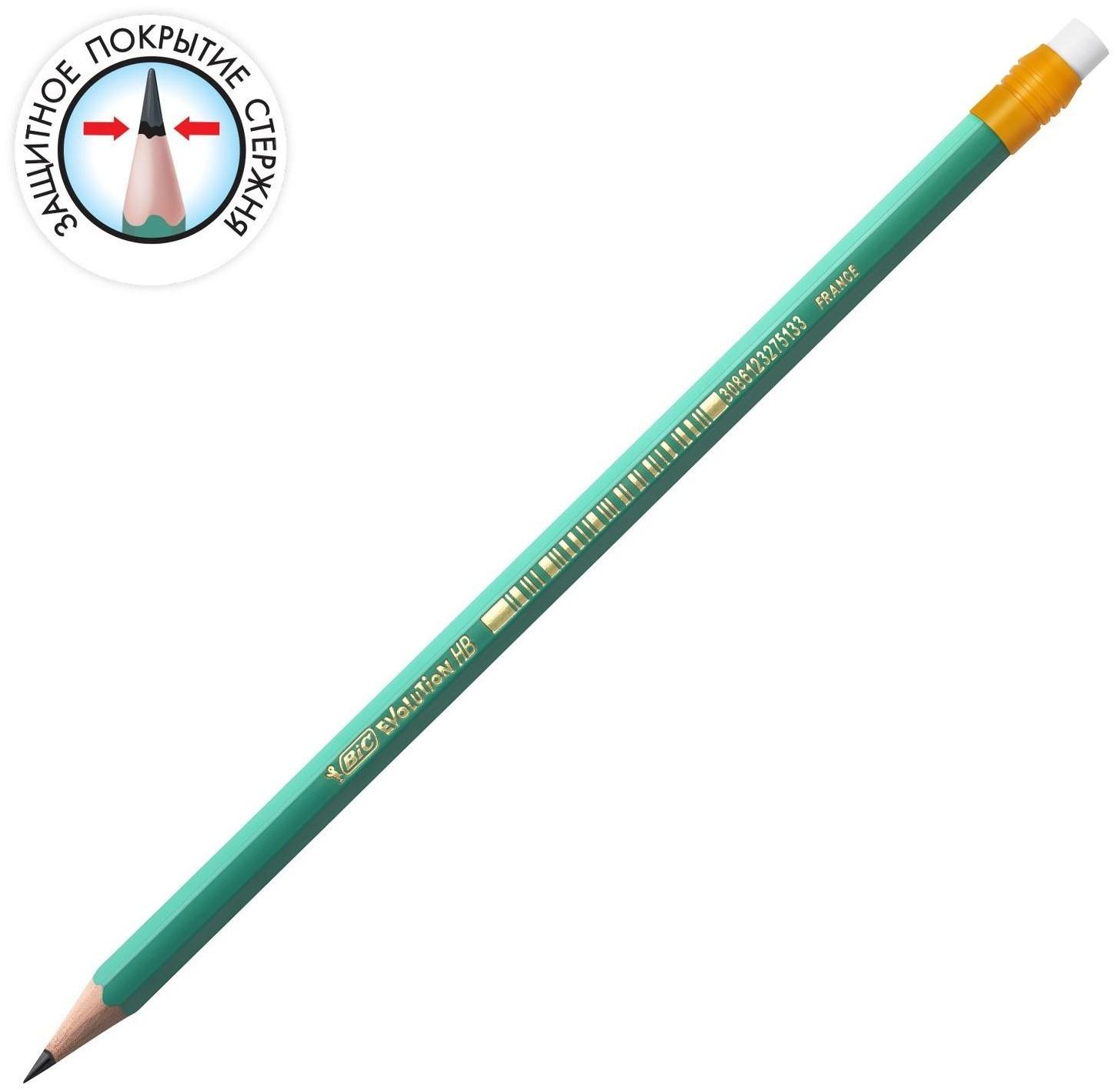 Карандаш чернографитный (простой) НВ, BIC Evolution, заточенный, пластиковый, c ластиком, шестигранный, зеленый корпус