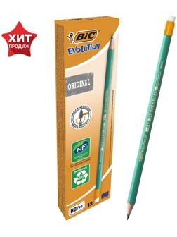 Карандаш чернографитный (простой) НВ, BIC Evolution, заточенный, пластиковый, c ластиком, шестигранный, зеленый корпус