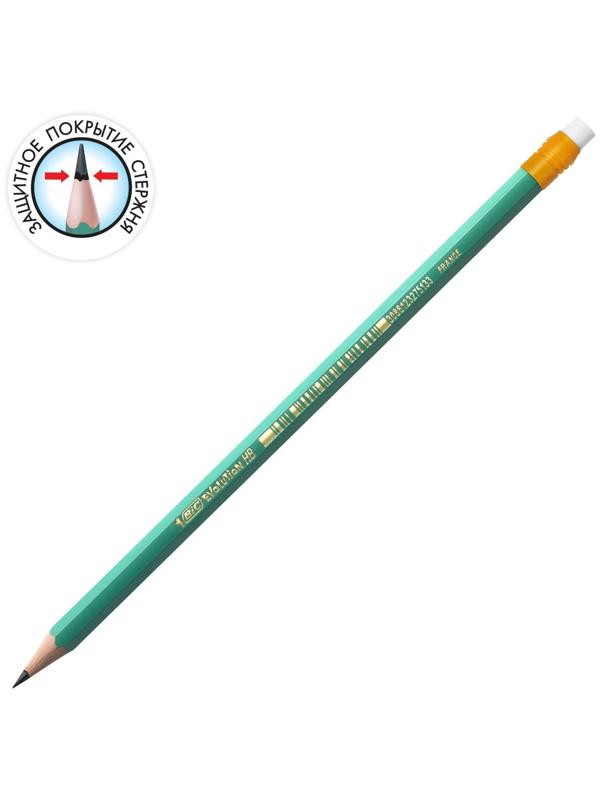 Карандаш чернографитный (простой) НВ, BIC Evolution, заточенный, пластиковый, c ластиком, шестигранный, зеленый корпус