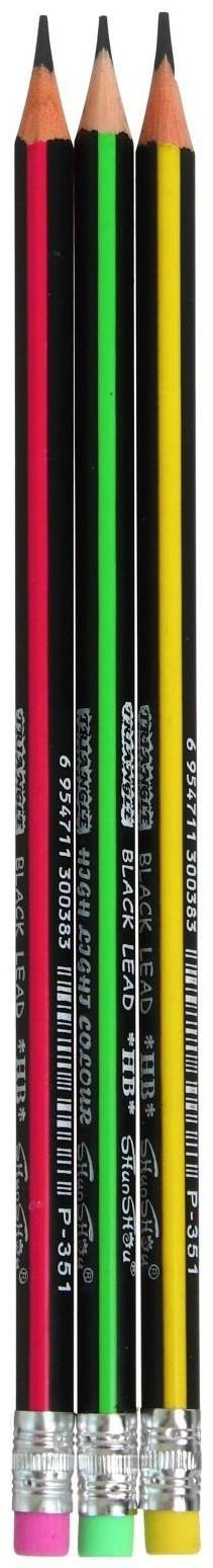 Карандаш чернографитный твёрдость НВ с ластиком, корпус треугольный, заточенный, МИКС