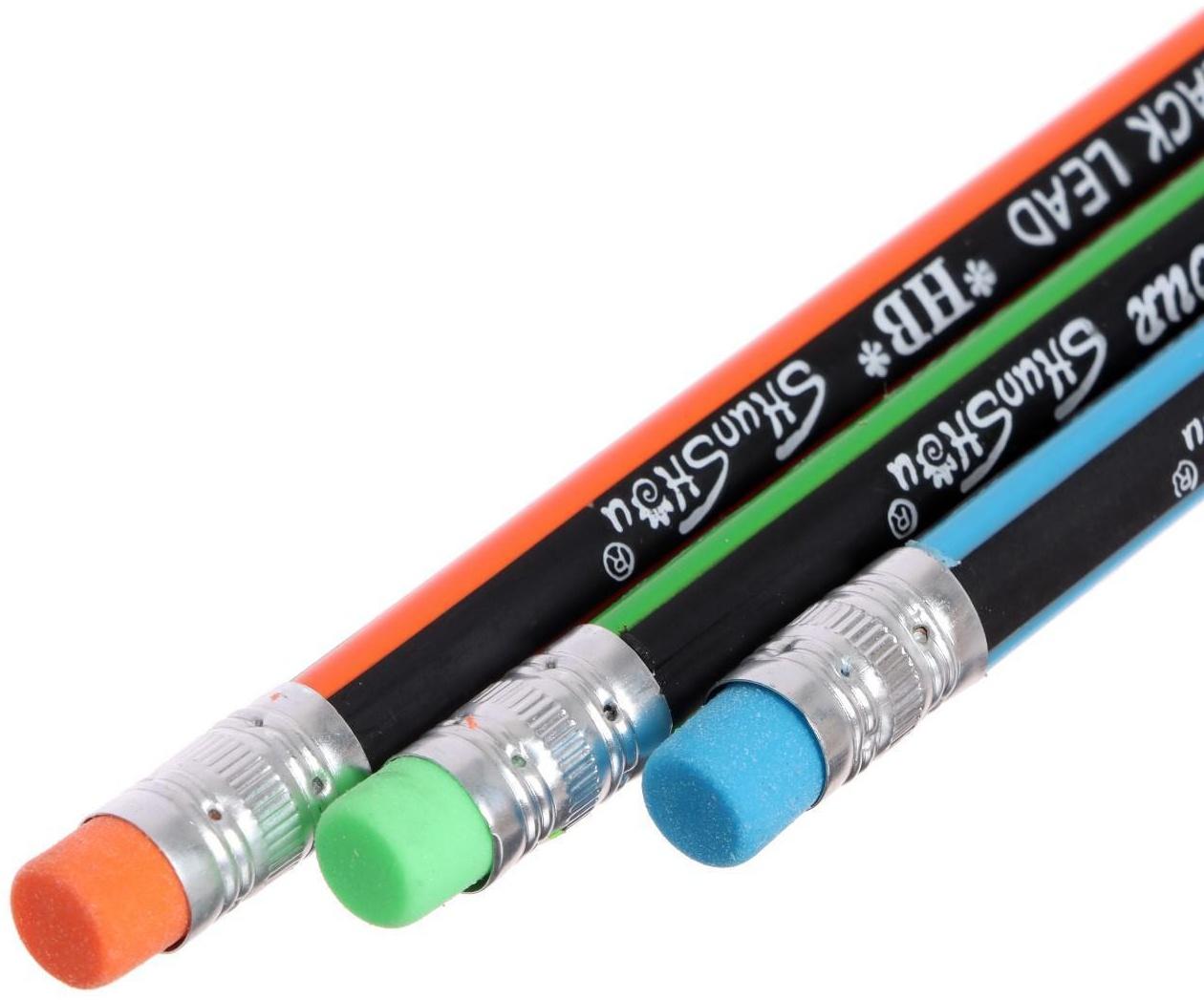 Карандаш чернографитный твёрдость НВ с ластиком, корпус треугольный, заточенный, МИКС