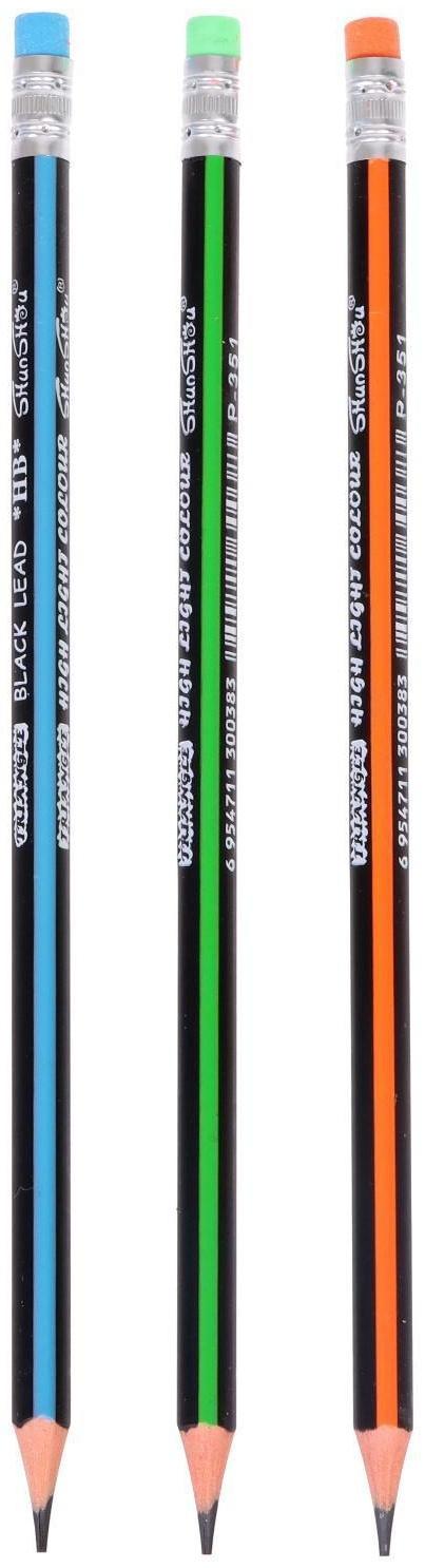 Карандаш чернографитный твёрдость НВ с ластиком, корпус треугольный, заточенный, МИКС