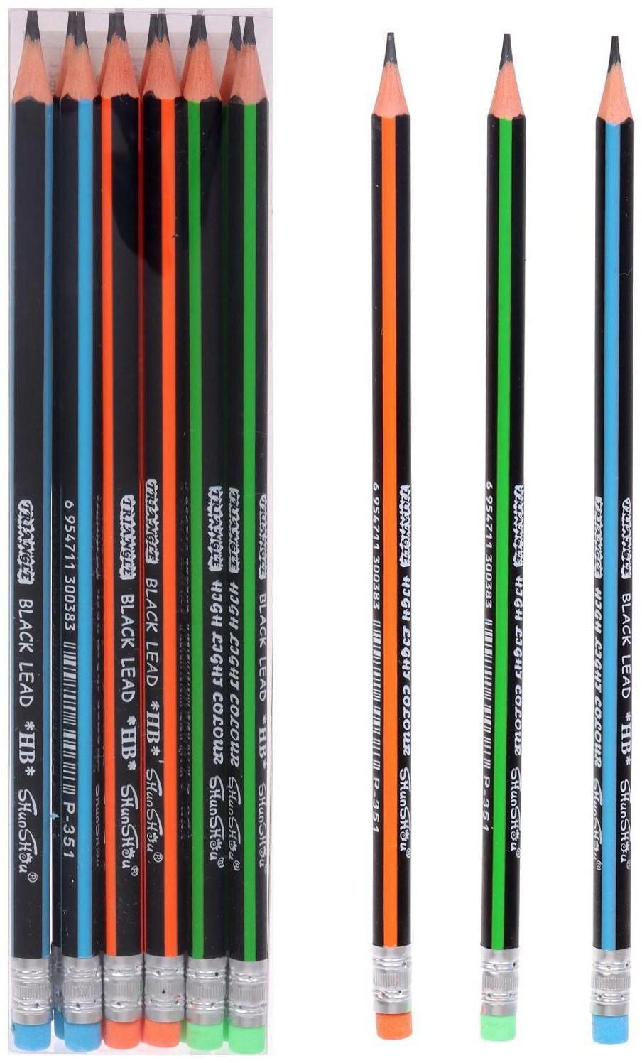 Карандаш чернографитный твёрдость НВ с ластиком, корпус треугольный, заточенный, МИКС