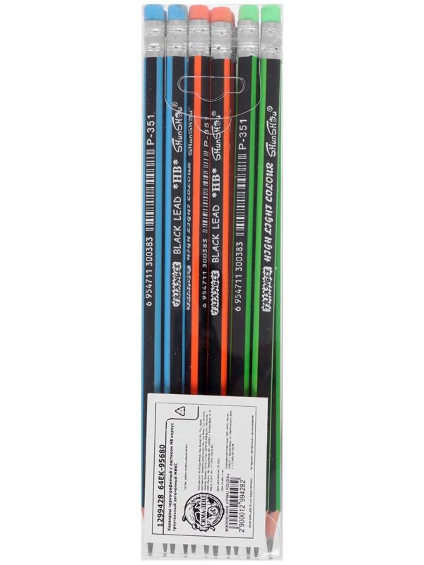 Карандаш чернографитный твёрдость НВ с ластиком, корпус треугольный, заточенный, МИКС