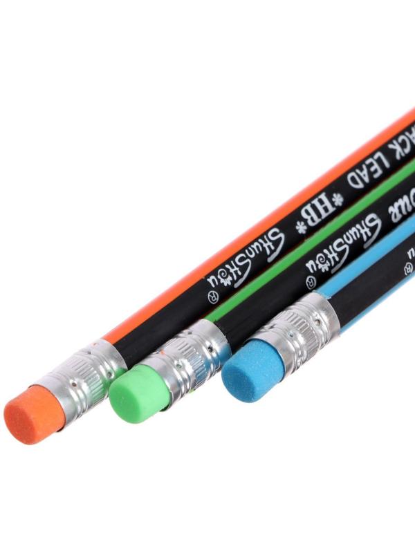 Карандаш чернографитный твёрдость НВ с ластиком, корпус треугольный, заточенный, МИКС