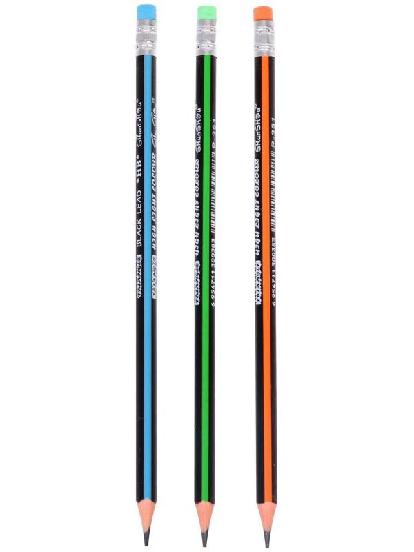 Карандаш чернографитный твёрдость НВ с ластиком, корпус треугольный, заточенный, МИКС