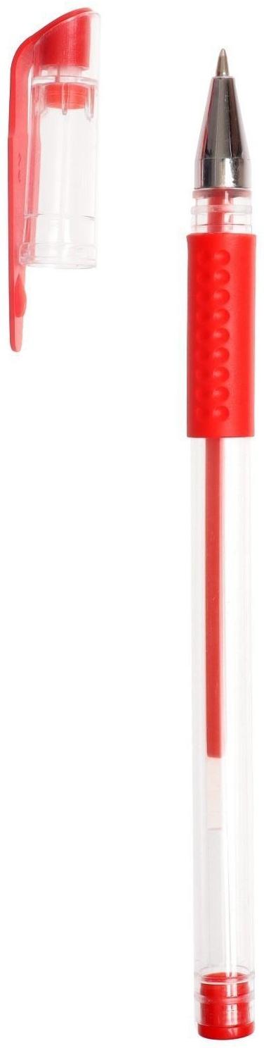 Ручка гелевая, 0.5 мм, стержень красный, прозрачный корпус, с резиновым держателем