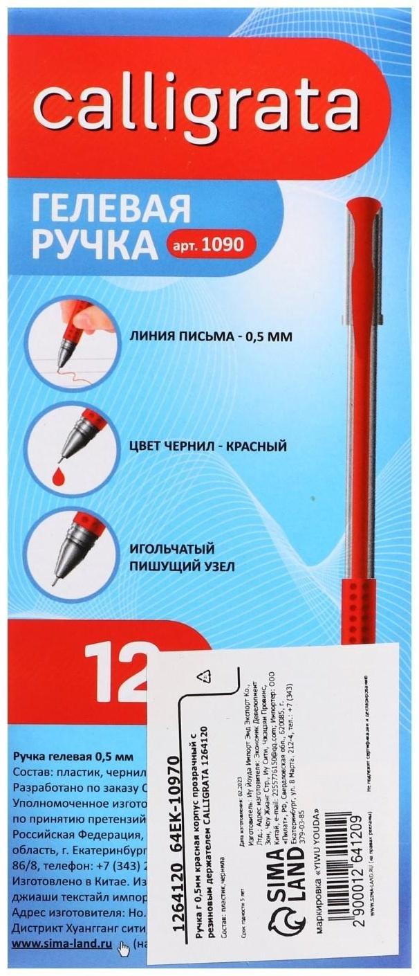 Ручка гелевая, 0.5 мм, стержень красный, прозрачный корпус, с резиновым держателем