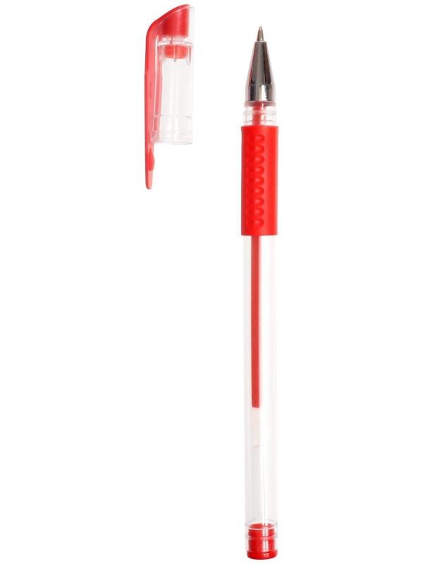 Ручка гелевая, 0.5 мм, стержень красный, прозрачный корпус, с резиновым держателем