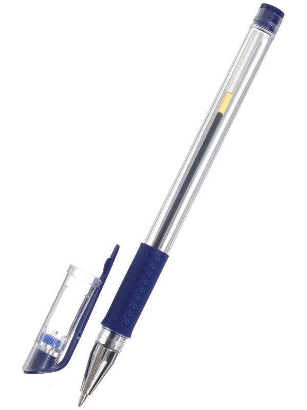 Ручка гелевая, 0.5 мм, стержень синий, прозрачный корпус, с резиновым держателем