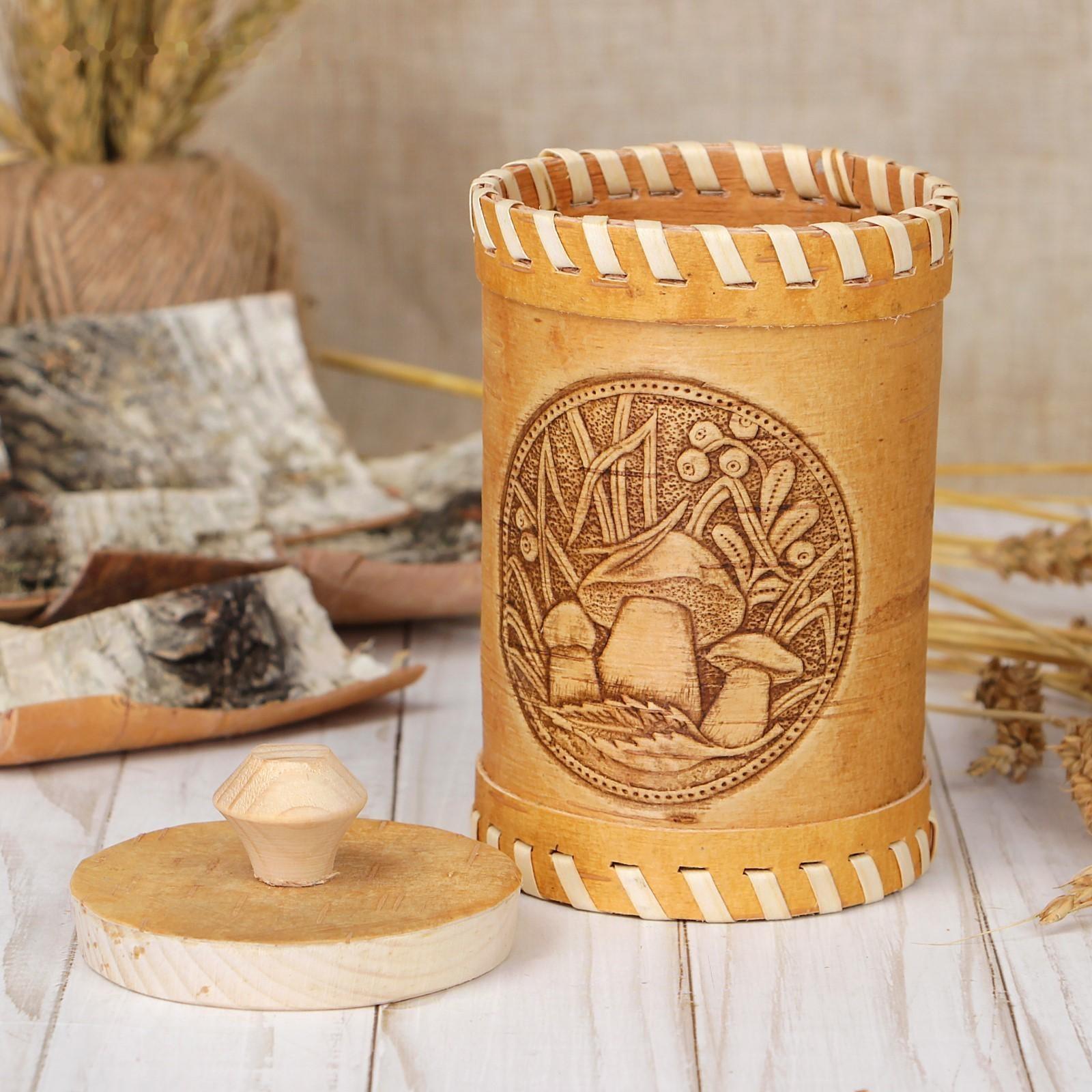 Туес «Грибочки», 8×8×14 см, береста