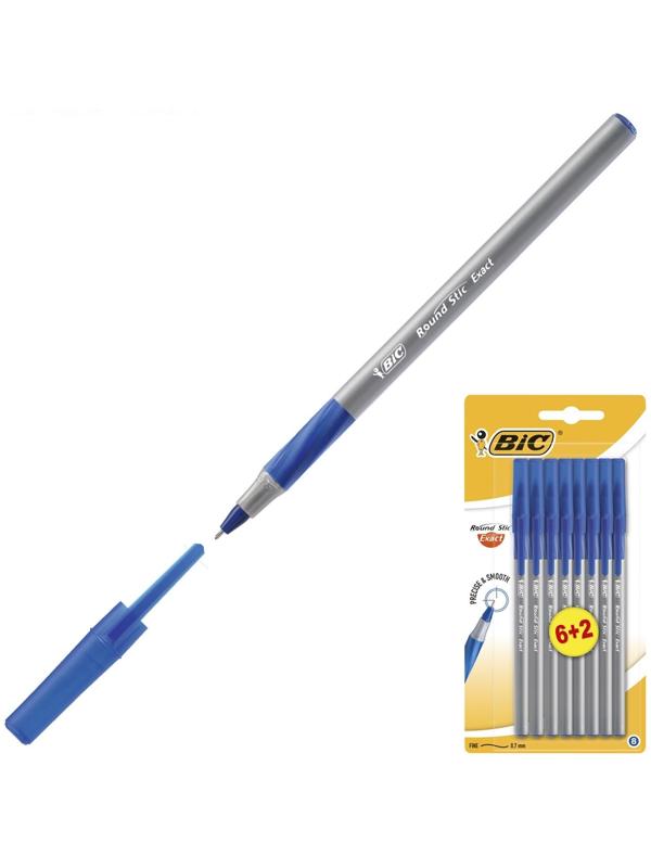 Ручка шариковая, чернила синие, 0.8 мм, тонкое письмо, резиновый упор, набор 6 штук + 2 в подарок, BIC Round Stic Exact